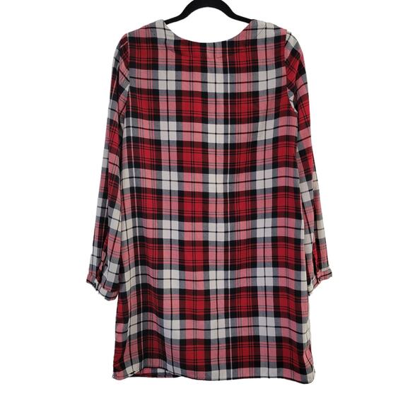 Everly Plaid Red/Cream Lace Up Long Sleeve Split Neck T-Shirt Dress Women Sz M - Picture 3 of 3